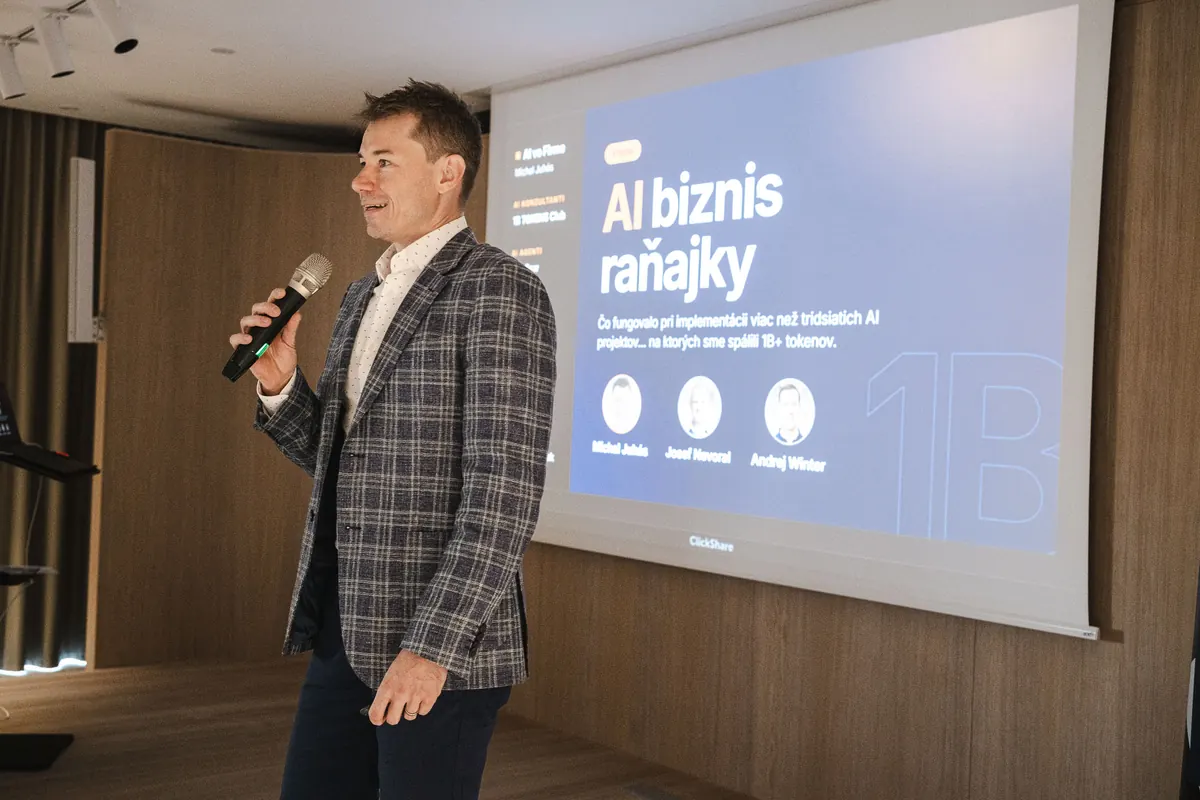 Michal Juhas opening the AI business breakfast